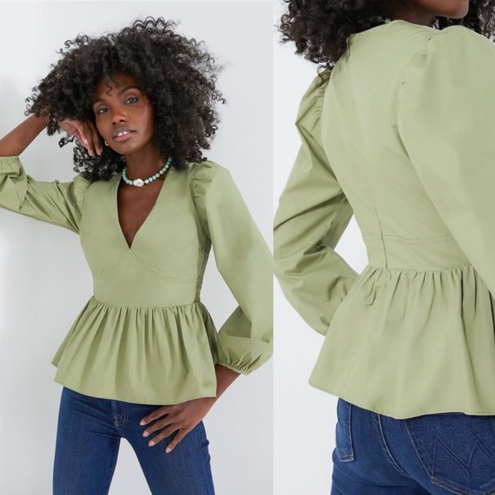 V-Neck Peplum Long-Sleeve Top in Light Sage
